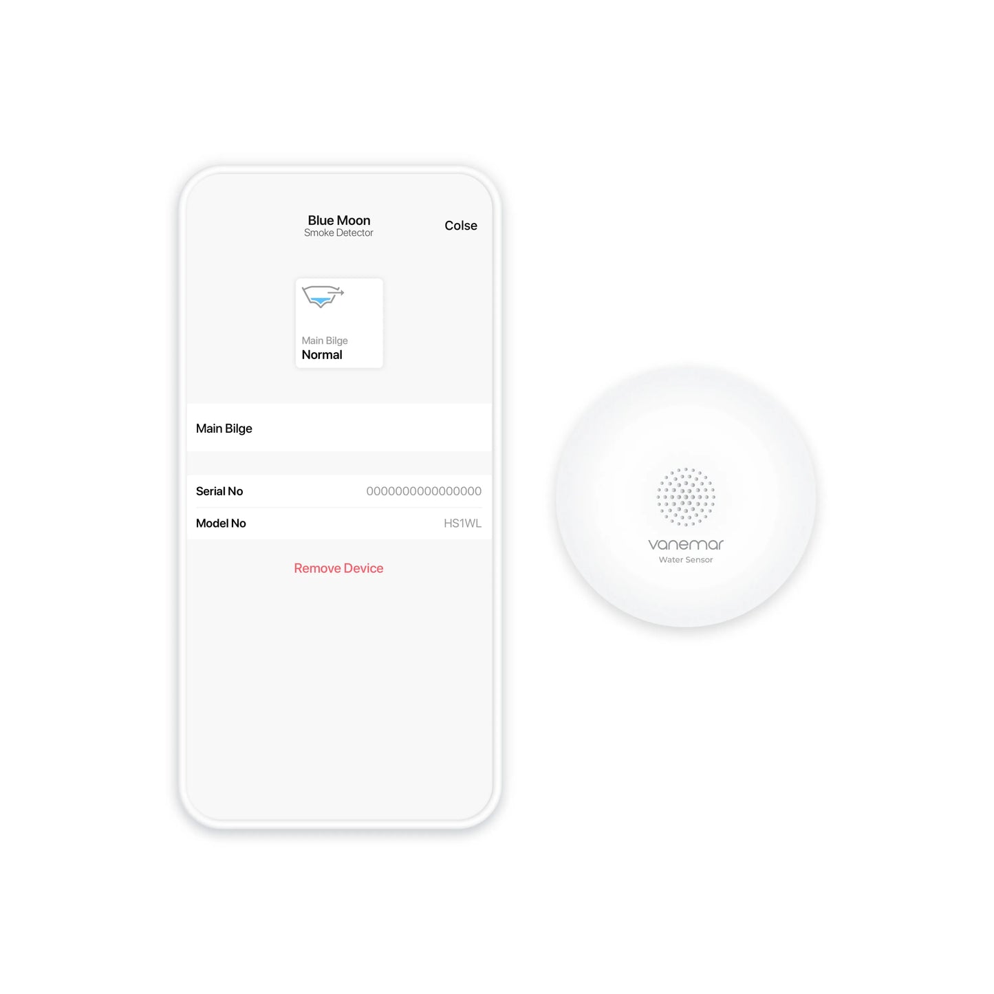vanemar water sensor image with mobile app