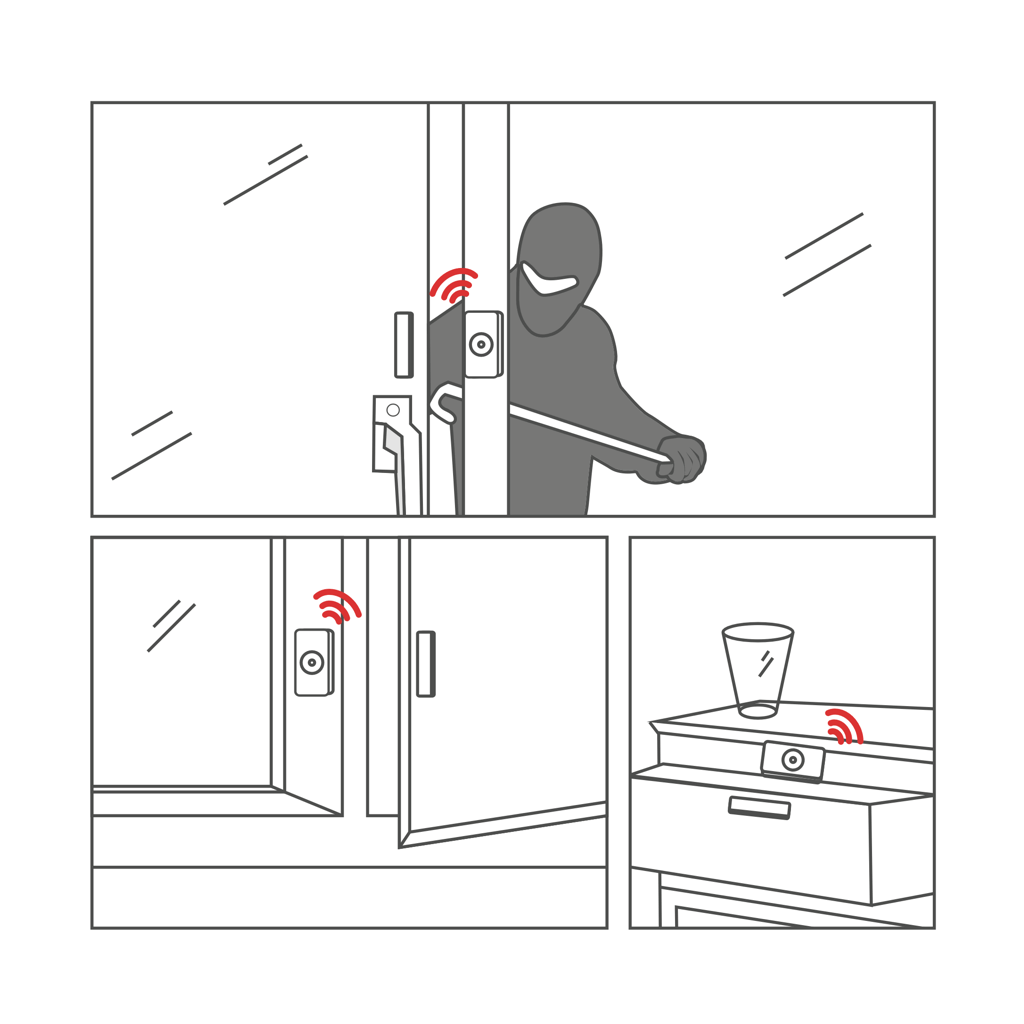 Vanemar Entry Sensor Installation Scenarios: Securely fitted on a boat door deterring theft, discreetly placed in a drawer, and mounted on a window for full perimeter protection.