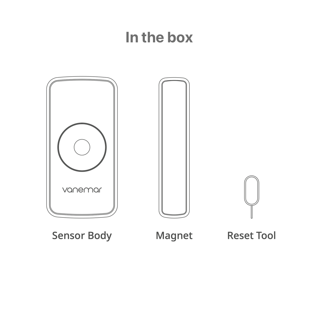 Vanemar Entry Sensor Package Contents: Sensor body, magnet, and reset tool. Essential components for secure and efficient door and window monitoring on your boat.