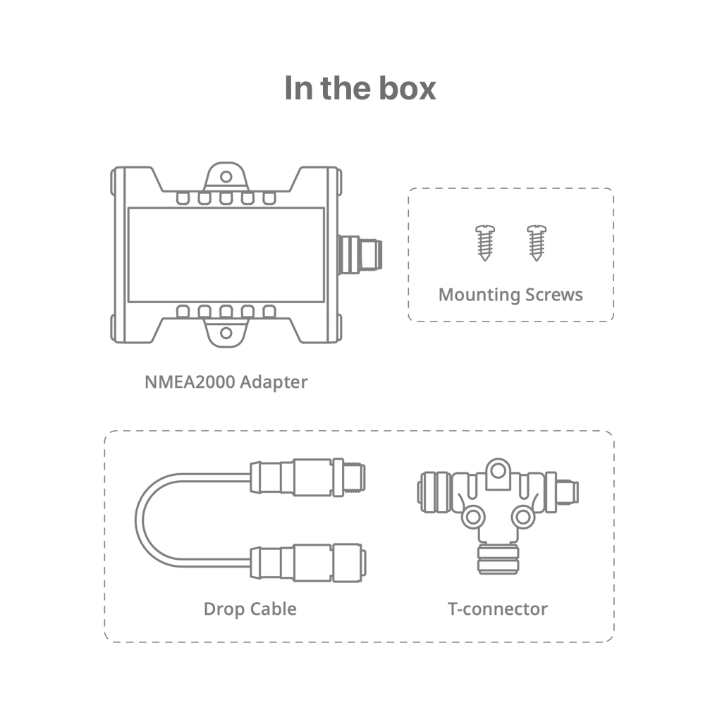 Vanemar NMEA2000 Adapter kit: Includes the adapter unit, T connector, and drop cable for easy setup with your boat’s NMEA2000 network.